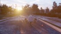 A military spy drone stands on the road waiting for takeoff. The image is for military, the weapon or spying backgrounds