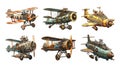 Military steampunk airplanes colour cartoon sketch. Vintage aircraft set vector illustration, retro steam punk planes Royalty Free Stock Photo