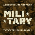 Military stencil alphabet font. Messy bold letters and numbers on camo background.