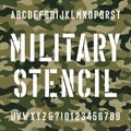 Military stencil alphabet font. Type letters and numbers on distressed camo seamless background.