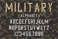 Military stencil font. Army stencil alphabet and numbers on camouflage background. Vintage typeface.