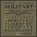 Military stencil font. Rough cut geometric alphabet. Hole letters and numbers sans serif. Creative design