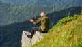 Military style. male in camouflage. muscular man hold weapon. purpose and success. army forces. sniper reach target Royalty Free Stock Photo