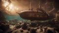 military sub in the sea A dynamic scene of a steampunk submarine exploring a coral reef, Royalty Free Stock Photo