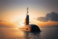 Military submarine cruise in ocean. Submarine at sunset sail on water surface. Royalty Free Stock Photo