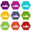 Military submarine icons set 9 vector