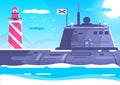 Military submarine. Warship in sea with lighthouse on background. Vector illustration for sailors day