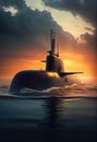 Military submarine on the water sailing at sunset