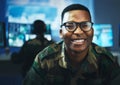 Military, surveillance and happy portrait of man in cybersecurity, control room and government communication office