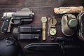 Military tactical equipment for the departure. Assortment of survival hiking gear Royalty Free Stock Photo