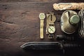 Military Tactical Equipment For The Departure. Assortment Of Survival Hiking Gear