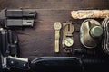 Military Tactical Equipment For The Departure. Assortment Of Survival Hiking Gear