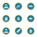 Military takeover icons set, flat style