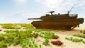 A military tank in the middle of the desert shoots at a target. Special operation of the military. 3D Rendering Royalty Free Stock Photo