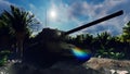 A military tank stands on the ruins in a deserted tropical jungle, and an Armada of military aircraft flies overhead. 3D Royalty Free Stock Photo