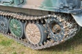 Military tank track system tank tread, continuous track, chain track with road wheels and drive sprocket