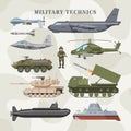 Military technics vector army transport plane and armored tank or helicopter illustration technical set of armored Royalty Free Stock Photo