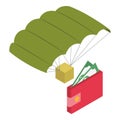 Military technology icon isometric vector. Parachute with parcel box and wallet