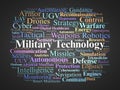 Military Technology Word Cloud. Key Concepts on Defense Innovation and Modern Warfare Systems Royalty Free Stock Photo