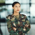 Military, thinking and arms crossed with a woman soldier in uniform for safety, service or patriotism Army, idea and a Royalty Free Stock Photo