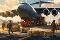 Military transport aircraft and military supplies. Royalty Free Stock Photo