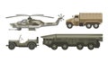 Military transport with armored corpus isolated illustrations set Royalty Free Stock Photo