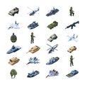 Military transport. Army gadget armor uniform weapons guns tanks grenades security tools vector isometric