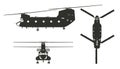 Military transport helicopter. Armed copter silhouette. Top, front and side views. Black drawing. Industrial blueprint