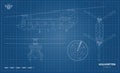 Military transport helicopter. Outline drawing of armed copter. Top, front and side views. Print. Industrial blueprint Royalty Free Stock Photo