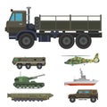 Military transport vector vehicle technic army war tanks and industry armor defense transportation weapon illustration. Royalty Free Stock Photo