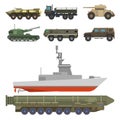 Military transport vector vehicle technic army war tanks and industry armor defense transportation weapon illustration.