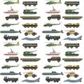 Military transport vector vehicle technic army war tanks and industry armor defense transportation weapon seamless Royalty Free Stock Photo