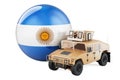 Military truck with Argentinean flag. Combat defense of Argentina, concept. 3D rendering