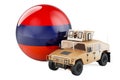 Military truck with Armenian flag. Combat defense of Armenia, concept. 3D rendering