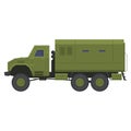 Military truck green industrial army transportation side view vector illustration. Royalty Free Stock Photo