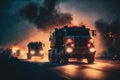 Military trucks attacked by explosions: a captivating image, Generative AI