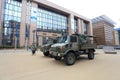 Military trucks opposite European Council building
