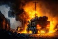 Military trucks transport explode after a drone attack, Generative AI