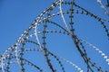 Military Twisted barbed wire against the blue sky. Concept: the Iron Curtain, the occupation regime, the ban on entry and exit, th Royalty Free Stock Photo