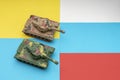 Military Ukrainian tanks, state borders, flags of Ukraine and Russia