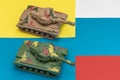Military Ukrainian tanks, state borders, flags of Ukraine and Russia