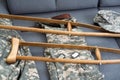 military uniform with crutches. disability