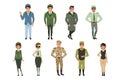 Military uniforms set, Military army officer, commander, soldier, , pilot, trooper, navy captain vector Illustrations on