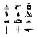 Military vector icons set, army Land warfare or ground warfare clip arts black and white vector illustrations Royalty Free Stock Photo