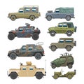 Military vehicle vector army car and armored truck or armed machine illustration set of war transportation isolated on