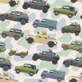 Military vehicle vector army car and armored truck or armed machine illustration set of war transportation seamless