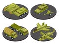 Military vehicles isometric icon set with tanks transport missile systems and artillery headlines vector illustration