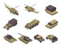 Military vehicles isometric vector illustrations set. Modern army transport, armored aircrafts, personal carriers and