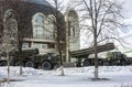 Military vehicles near the Museum of Weapons on a spring day. Tula city.