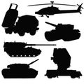 Military vehicles silhouette SET. HIMARS, Battle tank, Air defense system. Helicopter apache. Self-propelled howitzer Royalty Free Stock Photo